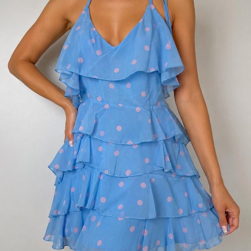 Lush Blue Polka Dot Tiered Ruffle Halter Mini Dress Size S NWT